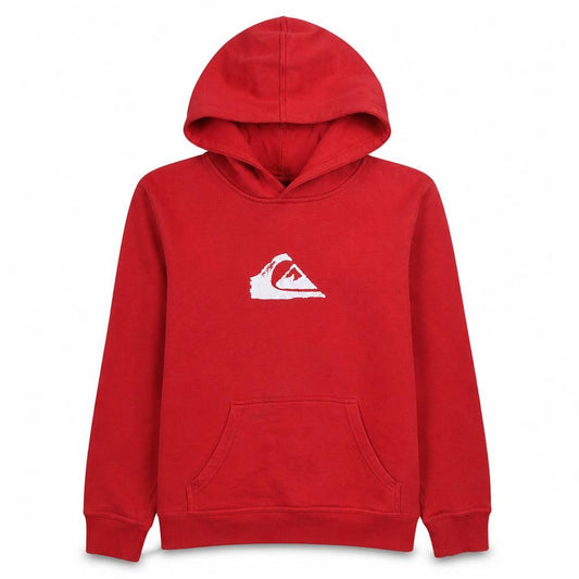 Front view of Quiksilver Teens Red Pullover Hoodie, size 14, Cotton Logo Surf Style