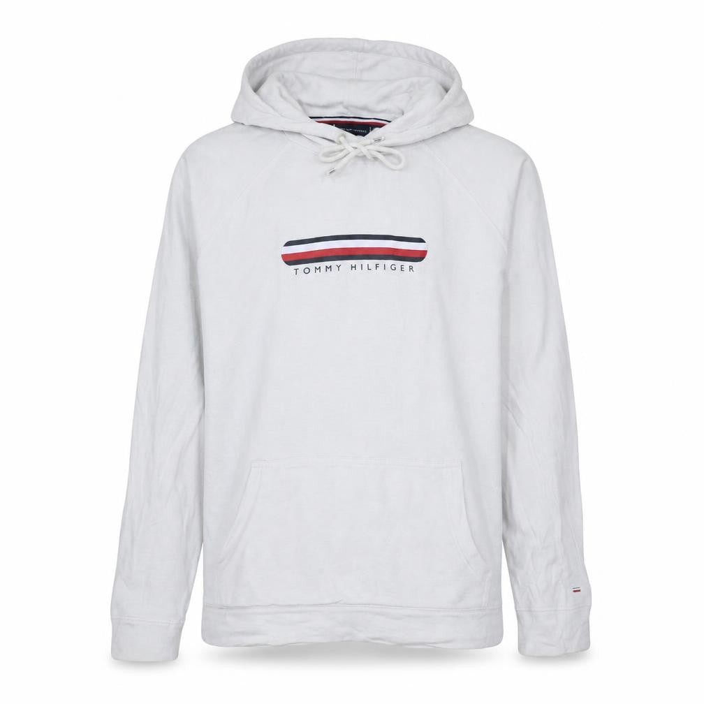 Front view of Tommy Hilfiger Women White Pullover Hoodie M Logo Cotton Blend