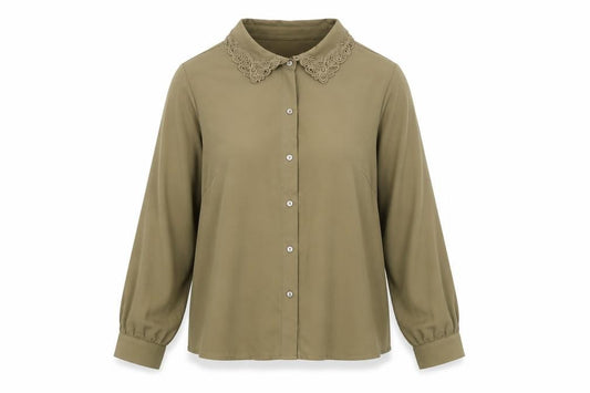 Front view of Vero Moda Women Green Collared Long Sleeve Woven Blouse, size S