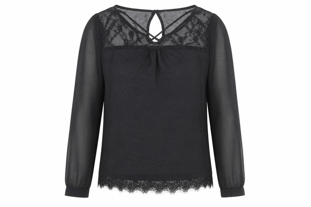 Front view of Savida Women's Black Lace Long Sleeve Blouse UK 10