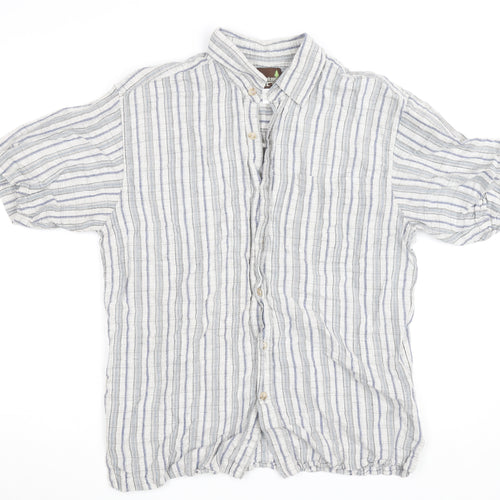 Weekendz Off Men's Blue Striped Linen Cotton Short Sleeve Casual Shirt M