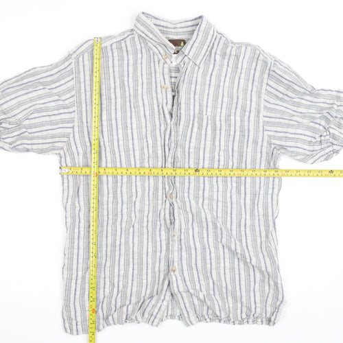 Weekendz Off Men's Blue Striped Linen Cotton Short Sleeve Casual Shirt M
