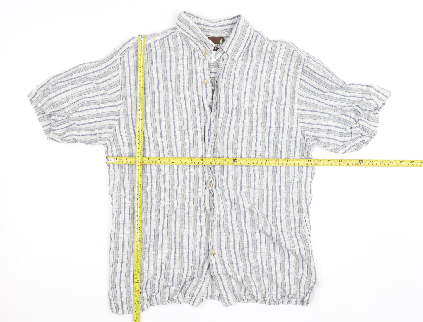 Weekendz Off Men's Blue Striped Linen Cotton Short Sleeve Casual Shirt M