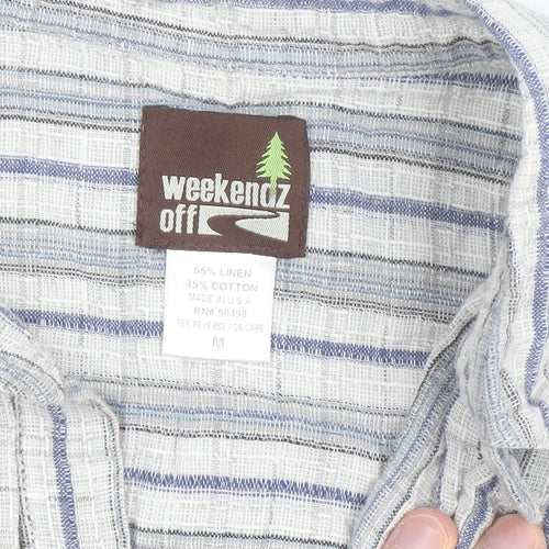 Weekendz Off Men's Blue Striped Linen Cotton Short Sleeve Casual Shirt M