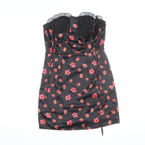 PrettyLittleThing Women’s Black Floral Satin Bodycon Dress UK 8