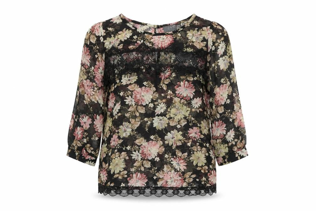 Front view of Savida Women’s Multicoloured Floral Lace Tunic Blouse, size UK 10