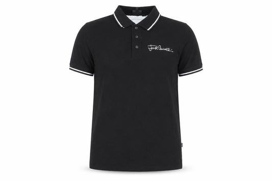 Front view of Just Cavalli Men's Black Polo Shirt, size L, Cotton Stretch Designer