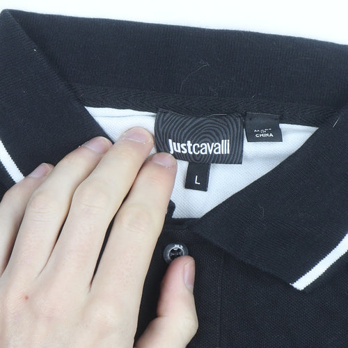 Just Cavalli Men's Black Polo Shirt Size L Cotton Stretch Designer