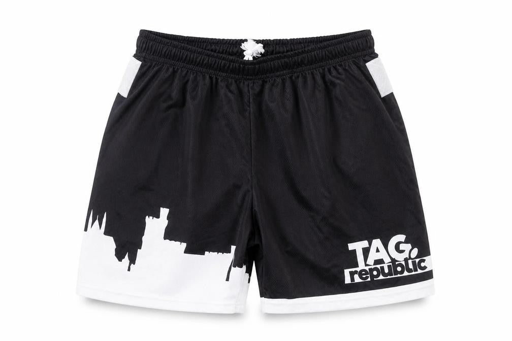 Front view of DES Men's Black Athletic Shorts, size 30, Elastic Waist Lightweight