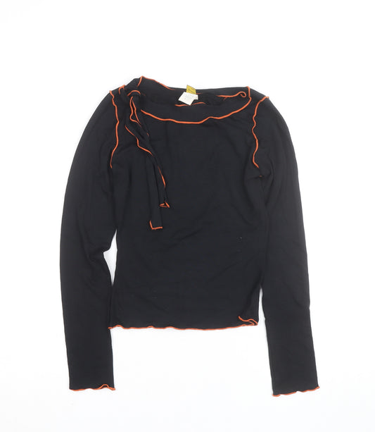 Rosée Womens Black Ruffle Trim Long Sleeve Cropped Jersey Blouse M