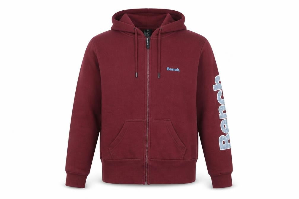 Front view of Bench Men's Red XL Full Zip Hoodie with Logo Design