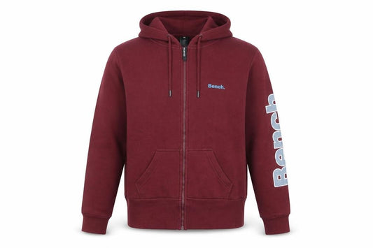 Front view of Bench Men's Red XL Full Zip Hoodie with Logo Design