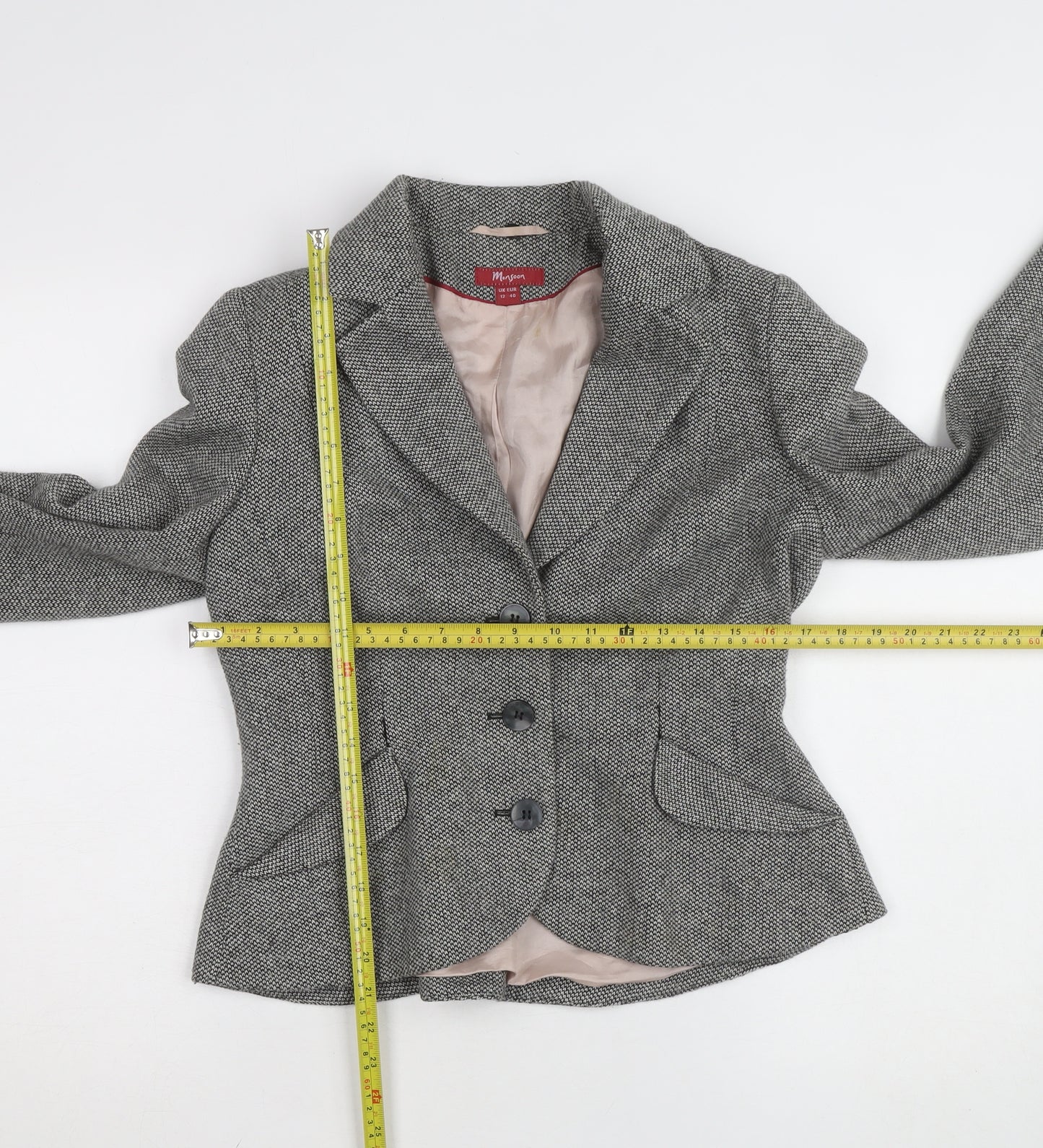 Monsoon Women Grey Tweed Single-Breasted Blazer UK 12 Classic Fit