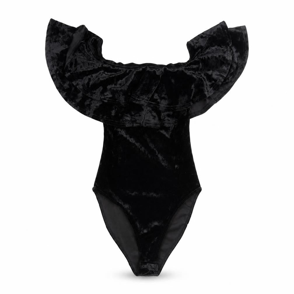 Front view of New Look Women's Black Velvet Off Shoulder Bodysuit, size 10