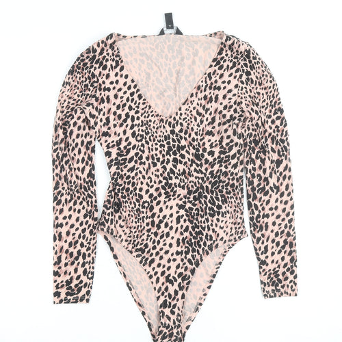 New Look Womens Pink Leopard Print Long Sleeve Bodysuit Size 10