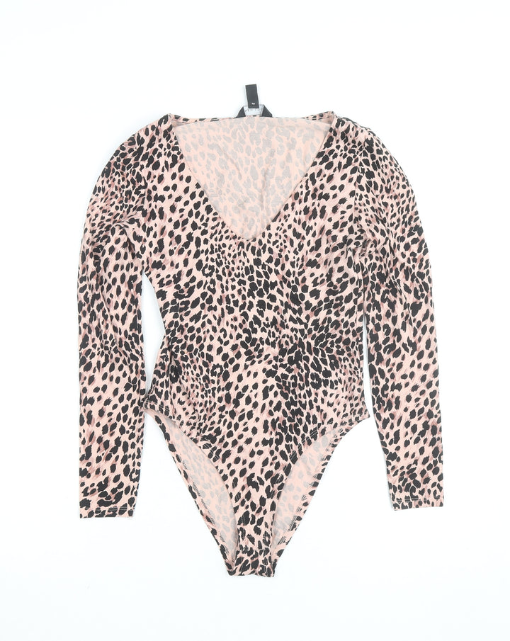 New Look Womens Pink Leopard Print Long Sleeve Bodysuit Size 10