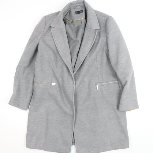 Topshop Women Grey Long Wool Blend Coat UK 12 Lined Zip Detail