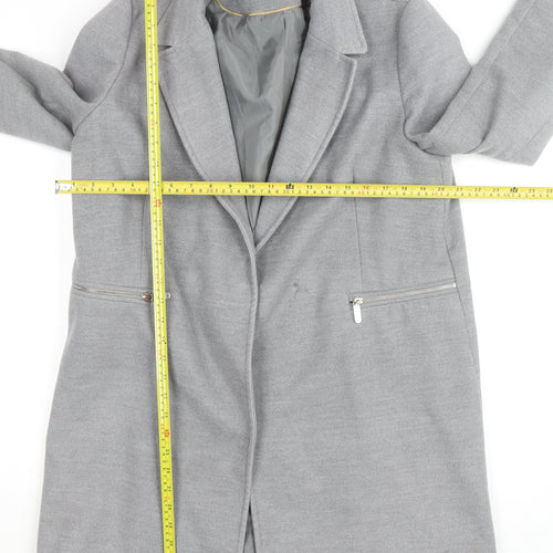 Topshop Women Grey Long Wool Blend Coat UK 12 Lined Zip Detail