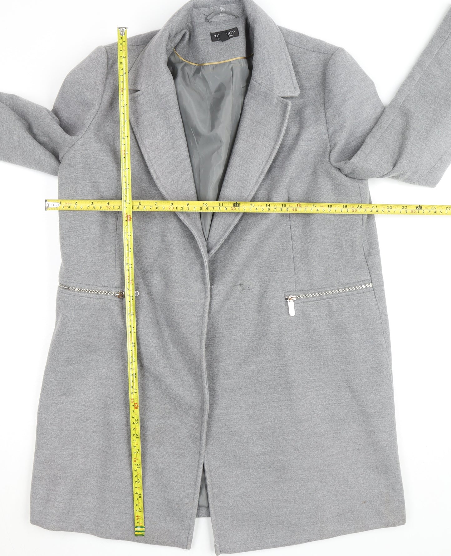 Topshop Women Grey Long Wool Blend Coat UK 12 Lined Zip Detail