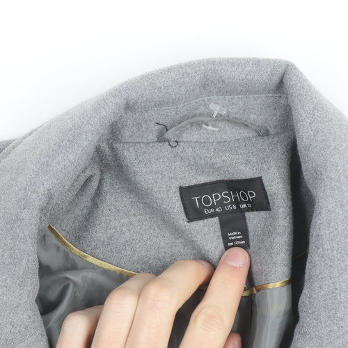 Topshop Women Grey Long Wool Blend Coat UK 12 Lined Zip Detail