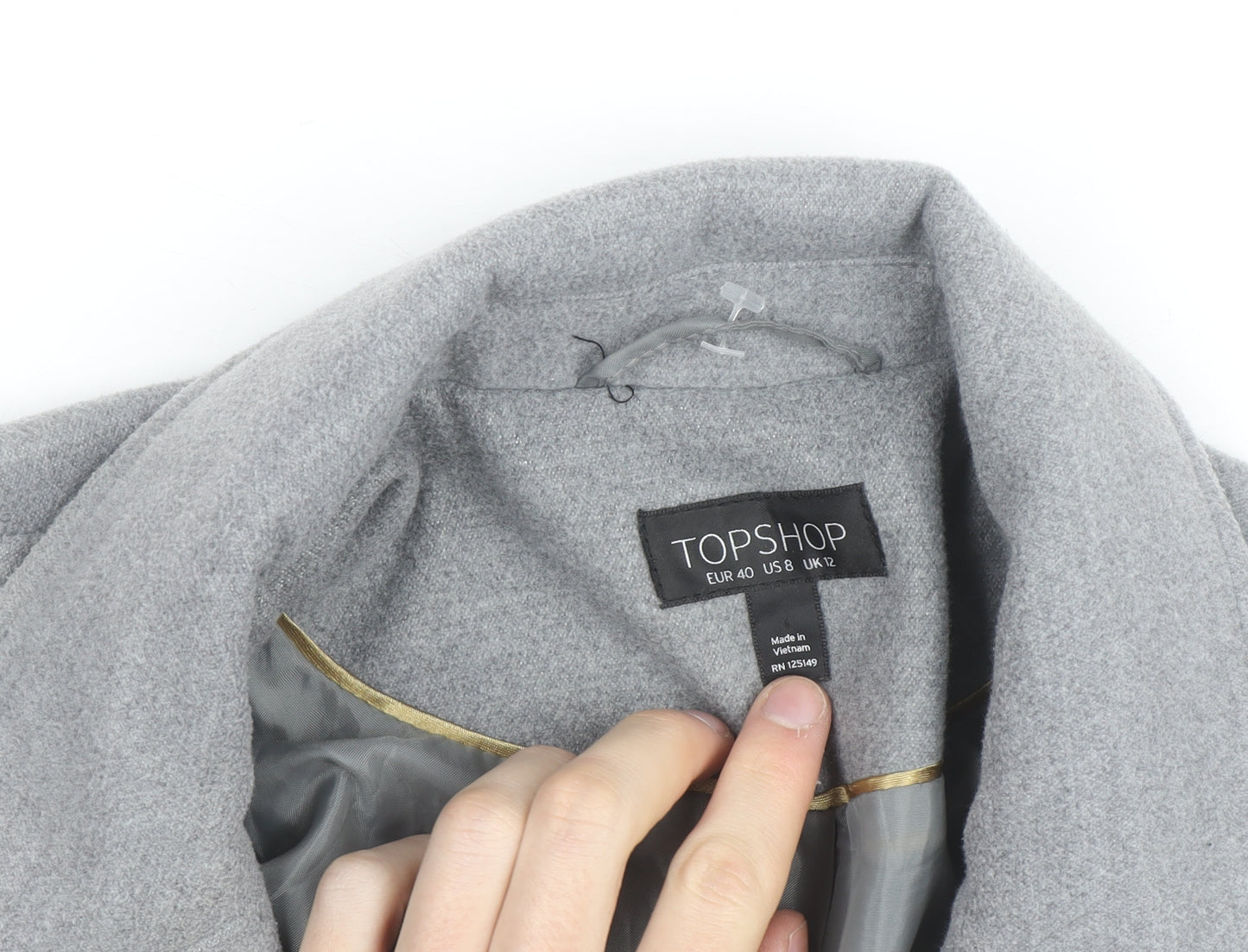 Topshop Women Grey Long Wool Blend Coat UK 12 Lined Zip Detail