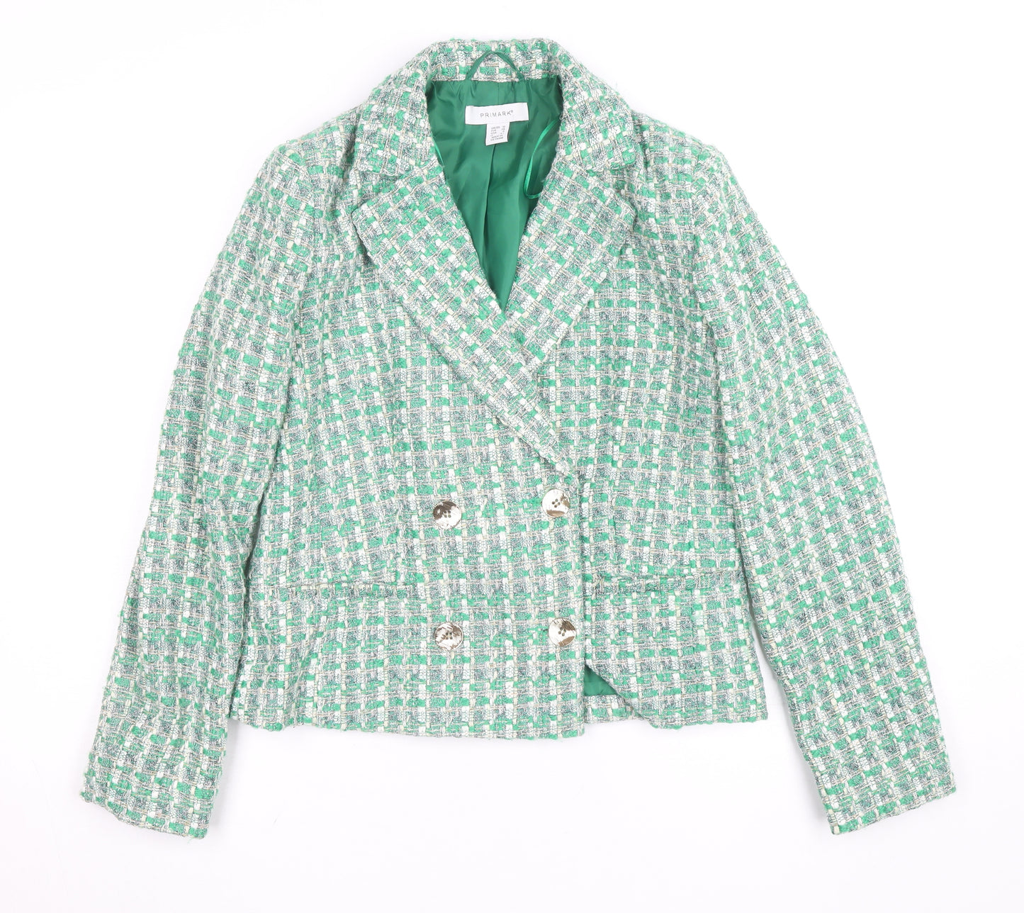 Primark Women’s Green Tweed Blazer Jacket Size 10 Check Lined