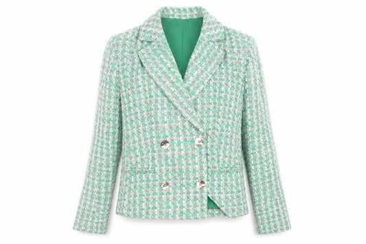 Front view of Primark Women’s Green Tweed Blazer Jacket, size UK 10, Check Lined