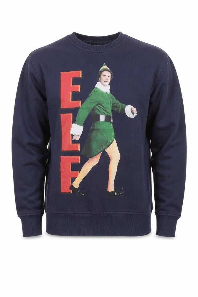 Front view of Elf Men's Blue Christmas Movie Graphic Sweatshirt, size S