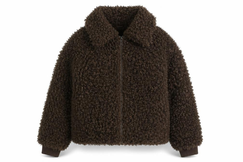 Front view of Gallery women’s brown faux fur short bomber jacket, size UK 10