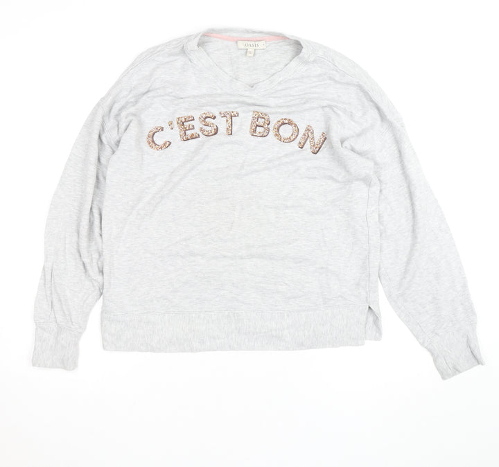Oasis Unisex Grey Embroidered Sequin C'Est Bon V-Neck Sweatshirt M