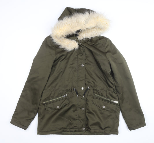 Dorothy Perkins Women’s Green Faux Fur Trim Hooded Parka Coat Size 14