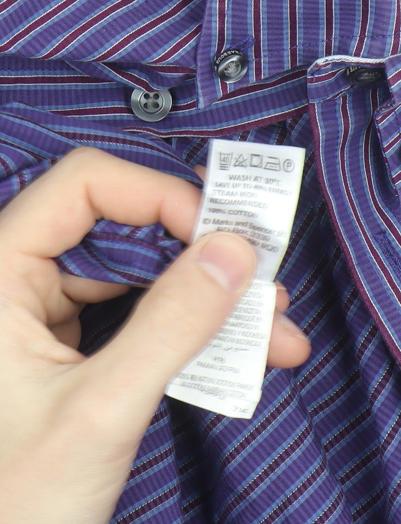 Marks and Spencer Blue Harbour Men's Purple Striped XL Cotton Dress Shirt