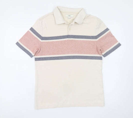 Marks and Spencer Men’s Beige Striped Cotton Polo Shirt Size S