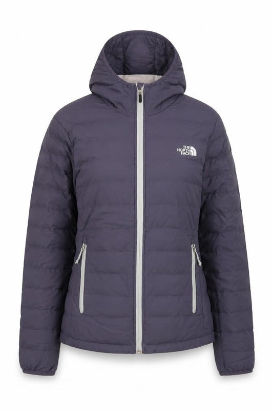 Front view of The North Face Women's Purple Hooded Puffer Jacket, size S