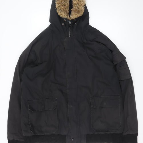 Smog Men’s Black 2XL Hooded Puffer Jacket with Faux Fur Trim