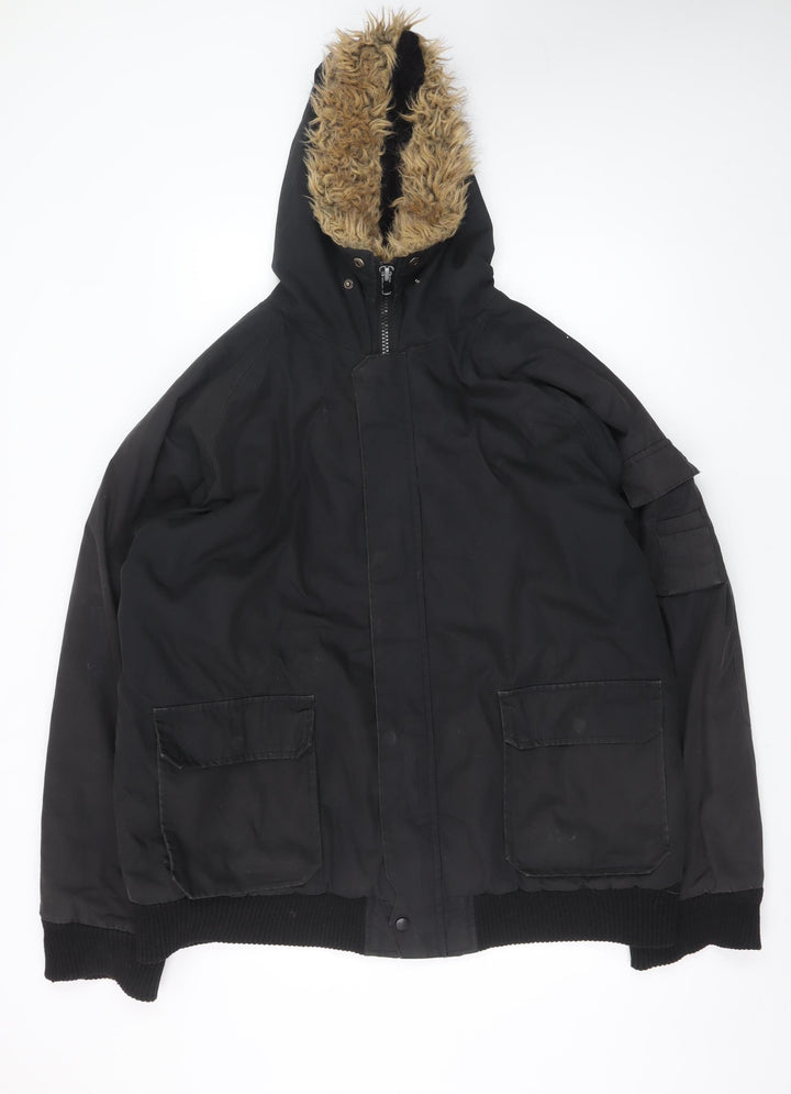 Smog Men’s Black 2XL Hooded Puffer Jacket with Faux Fur Trim