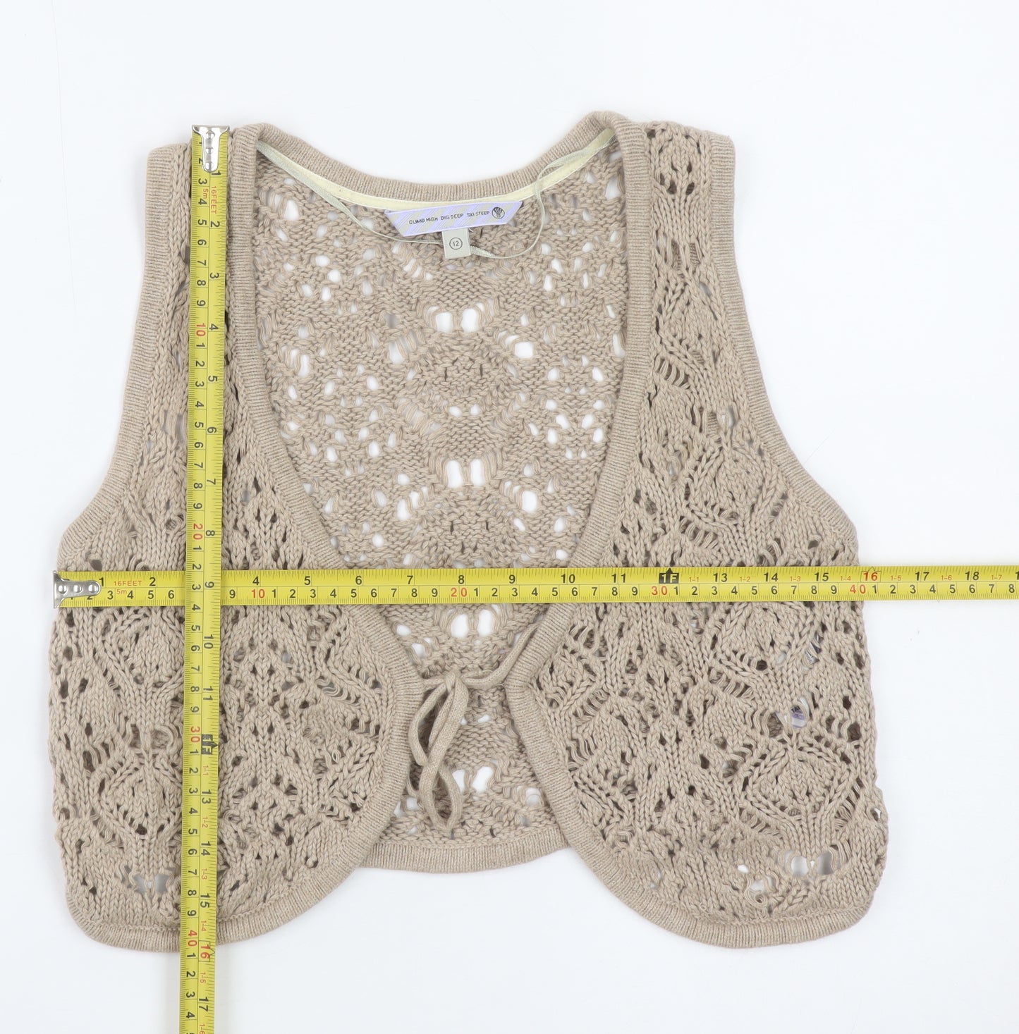 Climb High Dig Deep Ski Steep Beige Crochet Cotton Women's Size 12 Sleeveless Vest