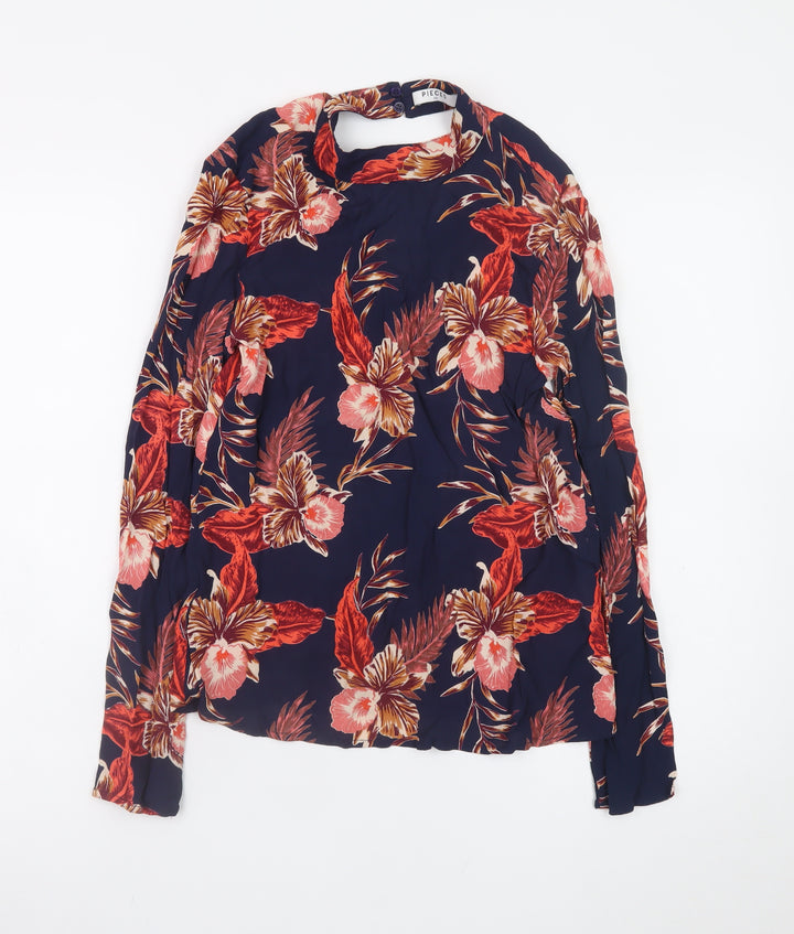 Pieces Womens Blue Floral Long Sleeve Viscose Tunic Blouse XS
