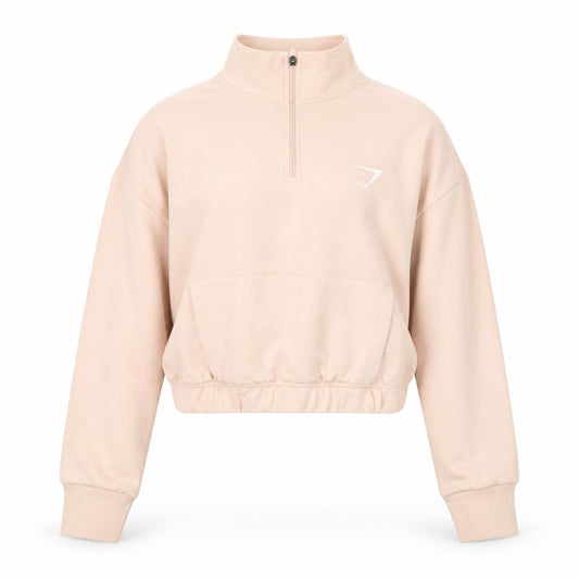 Front view of Gymshark Women’s Beige XS 1/4 Zip Cropped Sweatshirt