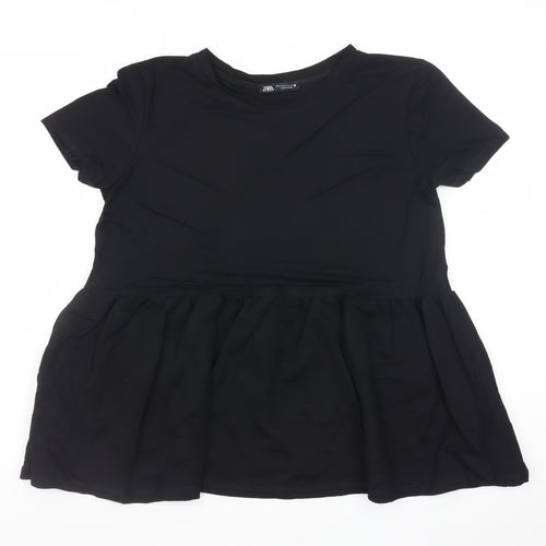 Zara Women Black Peplum Short Sleeve Tunic Top Size 8 Viscose Blend