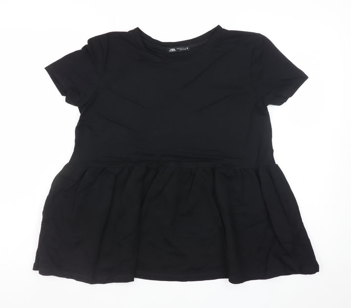 Zara Women Black Peplum Short Sleeve Tunic Top Size 8 Viscose Blend