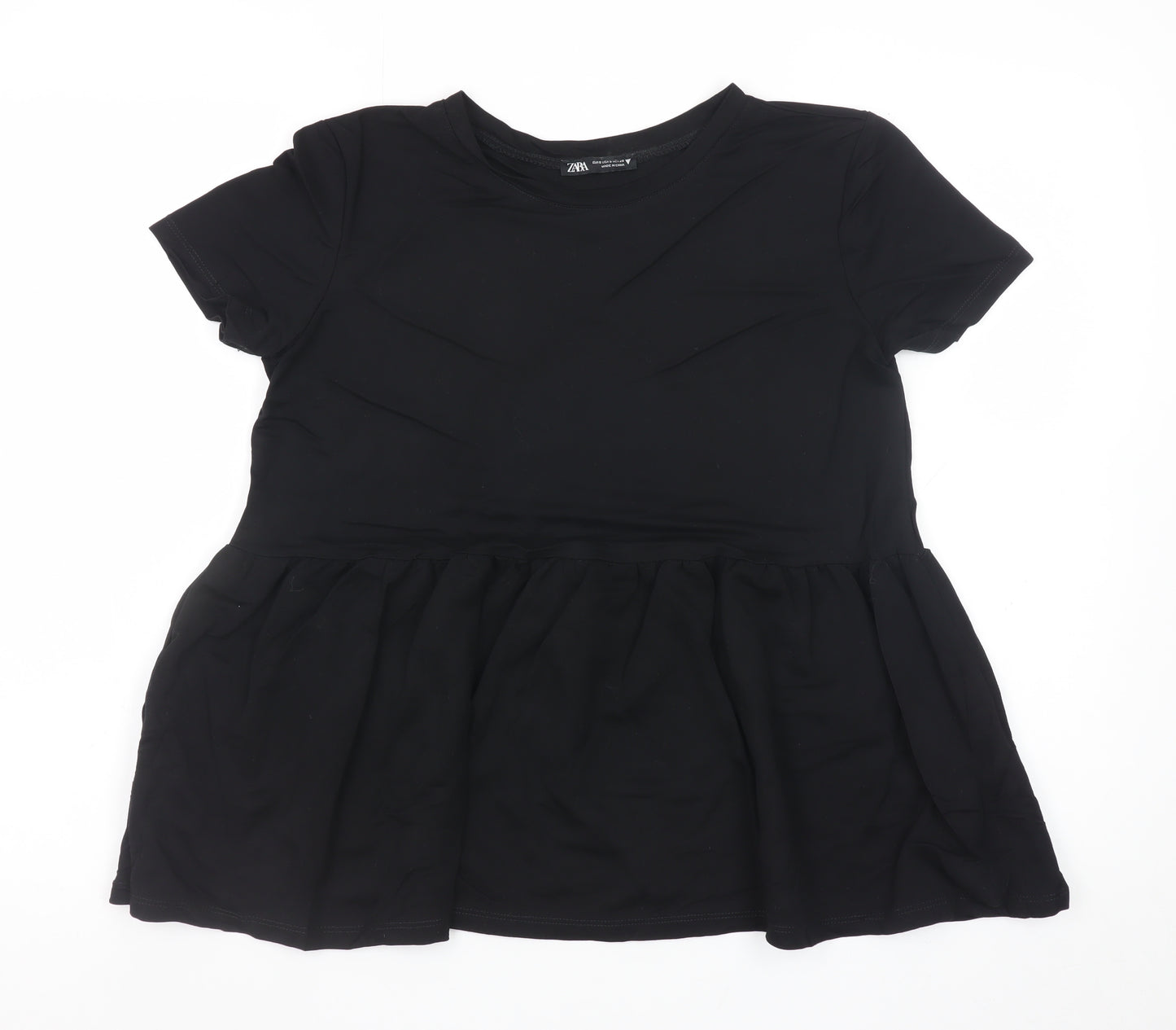 Zara Women Black Peplum Short Sleeve Tunic Top Size 8 Viscose Blend