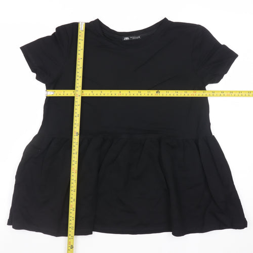 Zara Women Black Peplum Short Sleeve Tunic Top Size 8 Viscose Blend