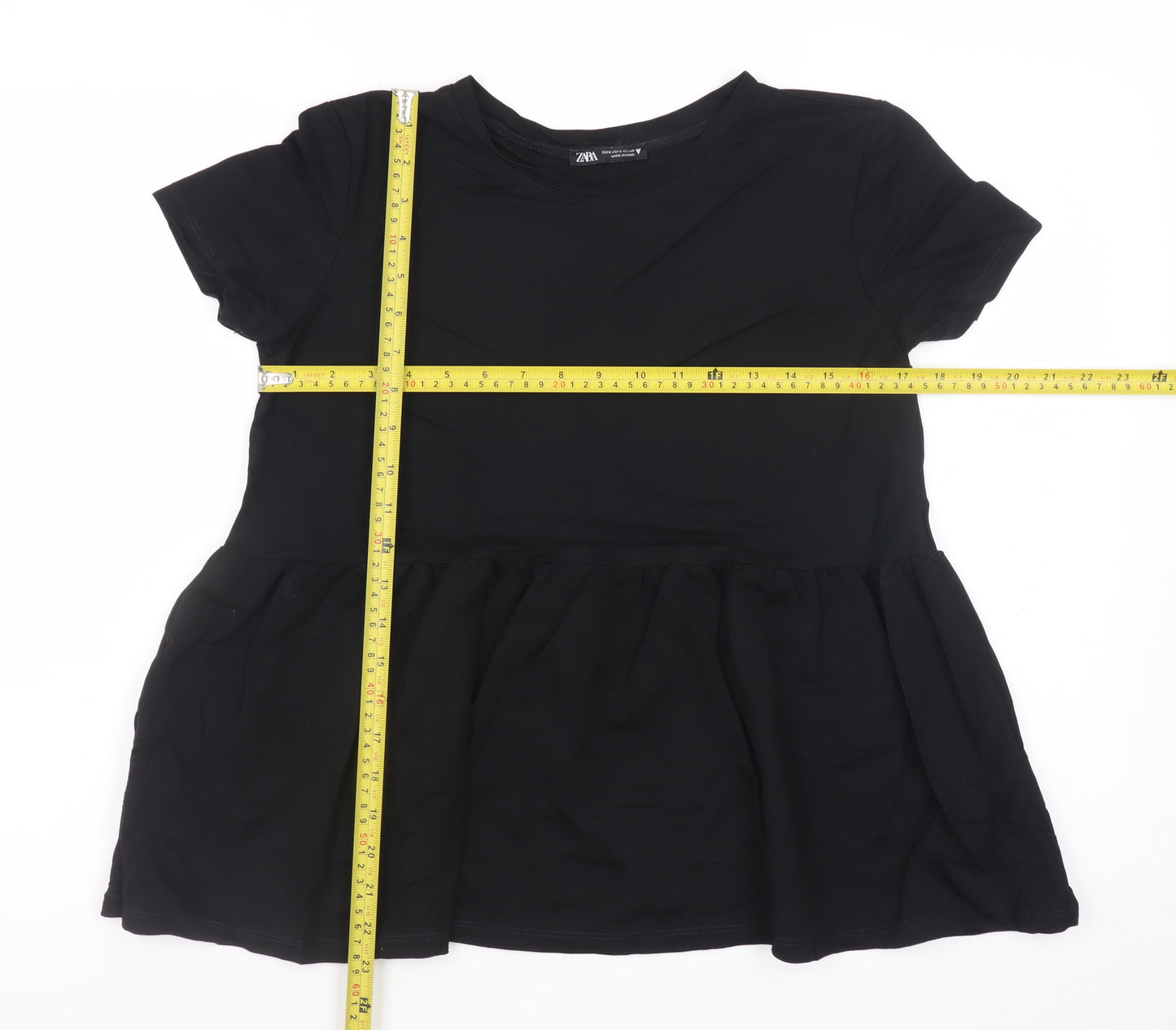 Zara Women Black Peplum Short Sleeve Tunic Top Size 8 Viscose Blend