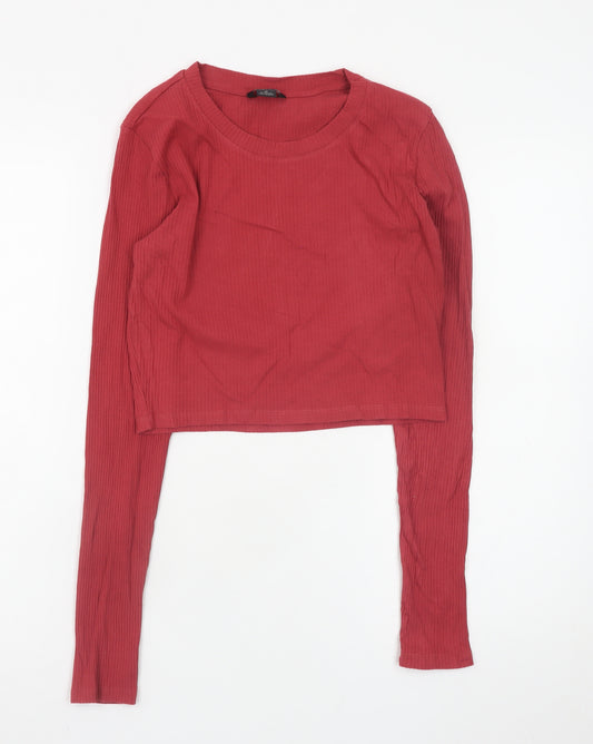 Monki Women's Red Cropped Long Sleeve Ribbed T-Shirt Size 12