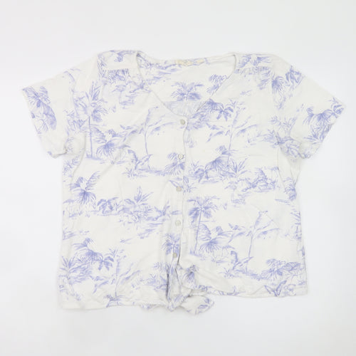 Fat Face Women's White Tropical Floral Button-Up Short Sleeve V-Neck Top Size 16