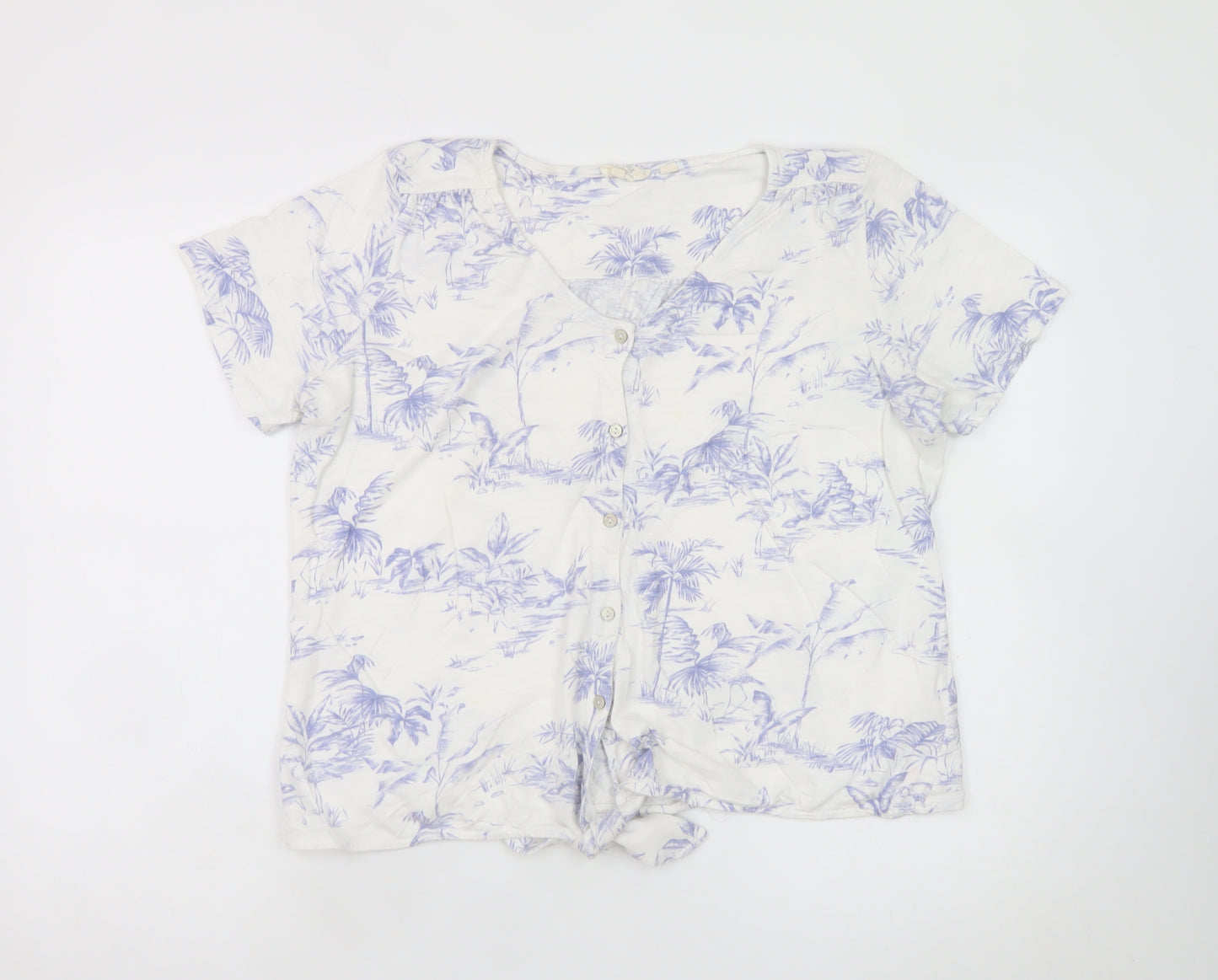 Fat Face Women's White Tropical Floral Button-Up Short Sleeve V-Neck Top Size 16