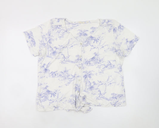 Fat Face Women's White Tropical Floral Button-Up Short Sleeve V-Neck Top Size 16