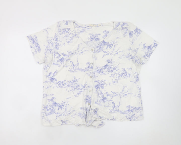 Fat Face Women's White Tropical Floral Button-Up Short Sleeve V-Neck Top Size 16