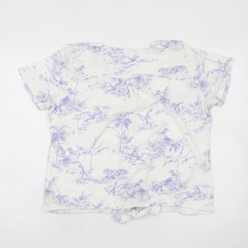 Fat Face Women's White Tropical Floral Button-Up Short Sleeve V-Neck Top Size 16